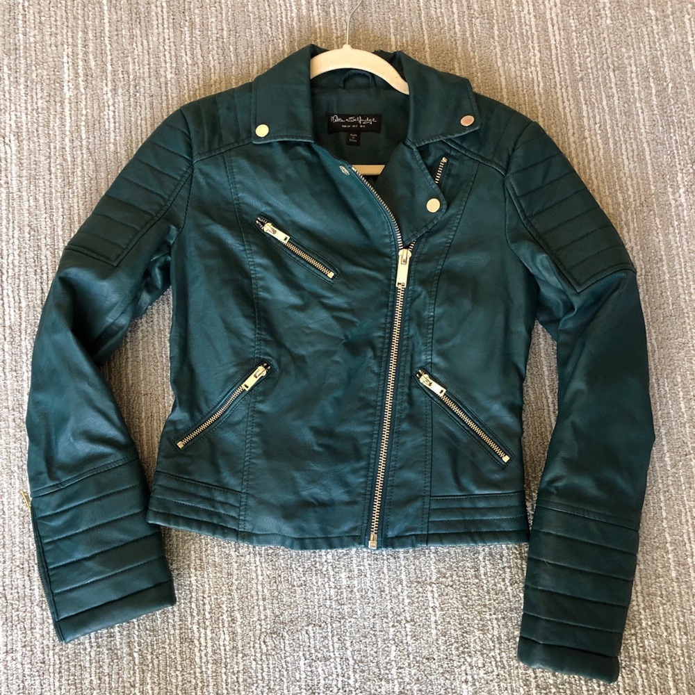 Miss Selfridge Dark Green Teal Women's faux leather jacket biker punk moto
